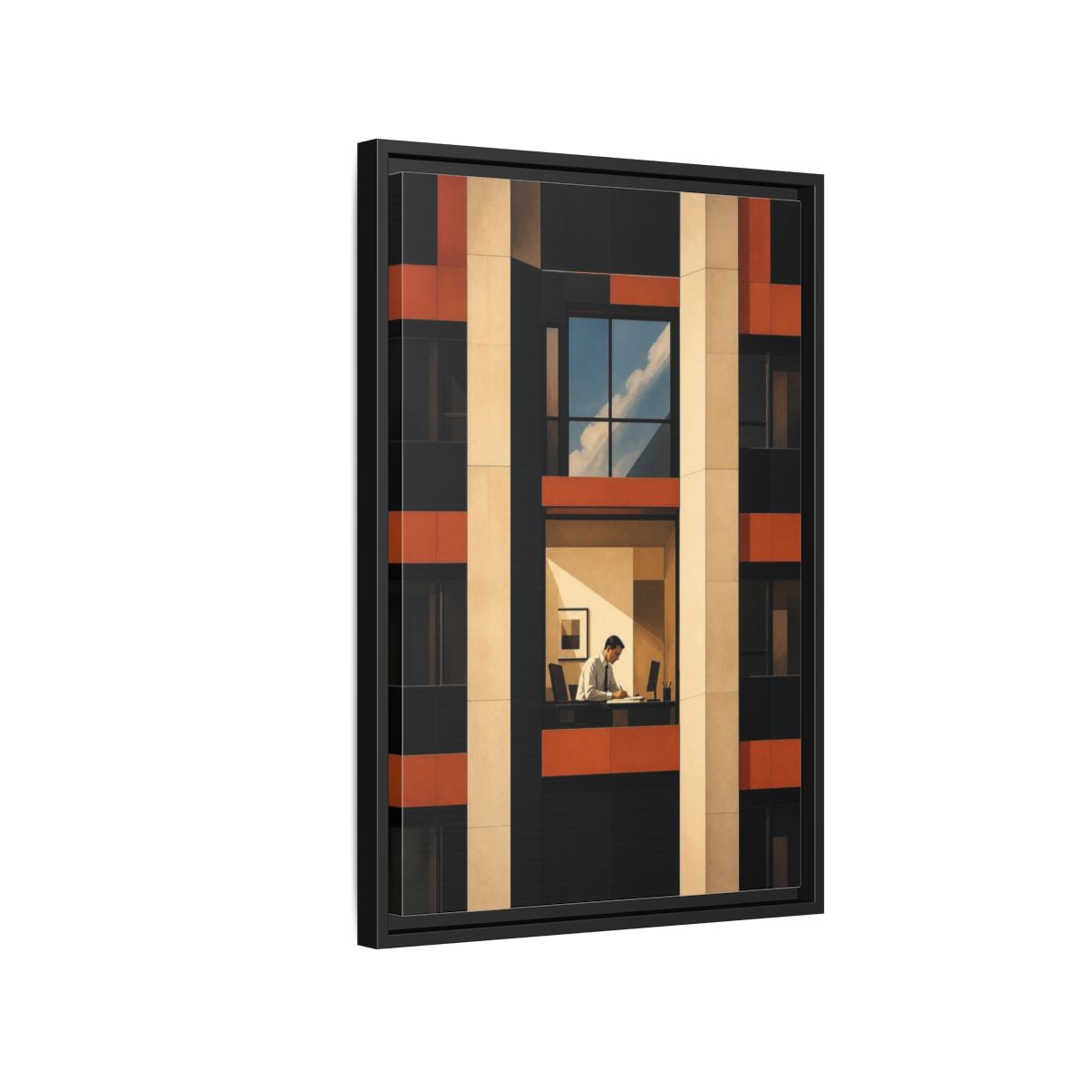 Side Mockup 3. Office Worker At Desk shown as framed canvas print