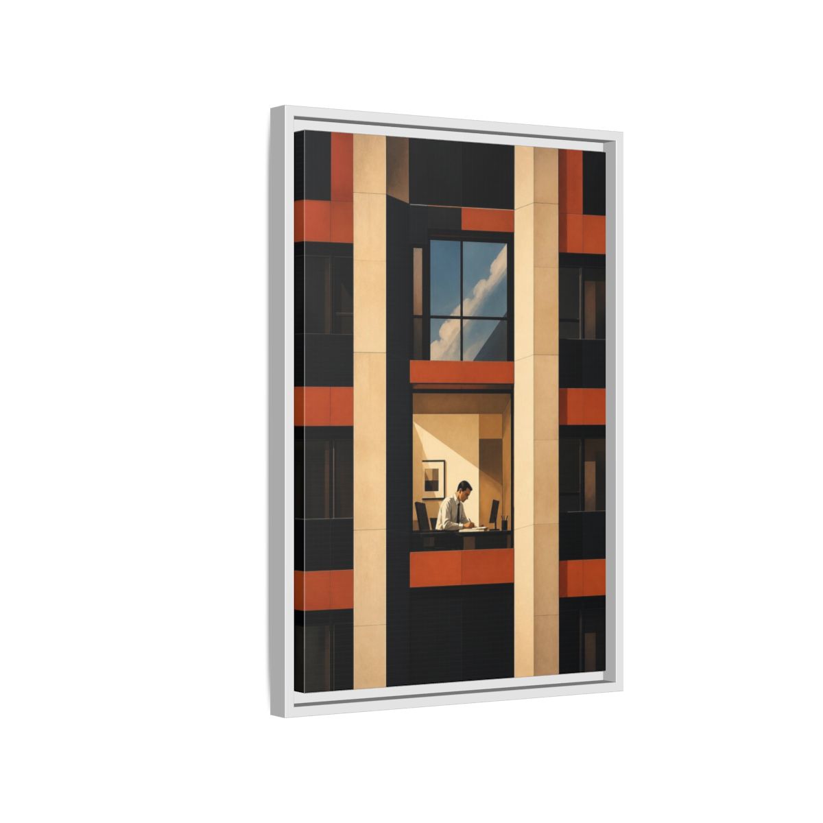 Side Mockup 1. Office Worker At Desk shown as framed canvas print