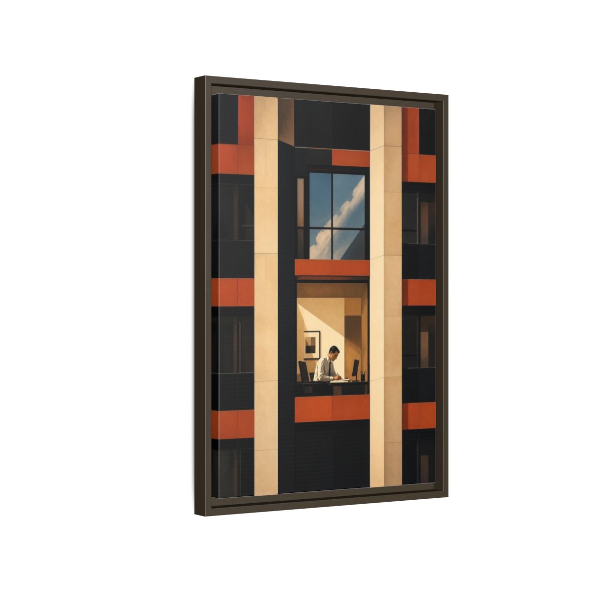 Side Mockup 2. Office Worker At Desk shown as framed canvas print