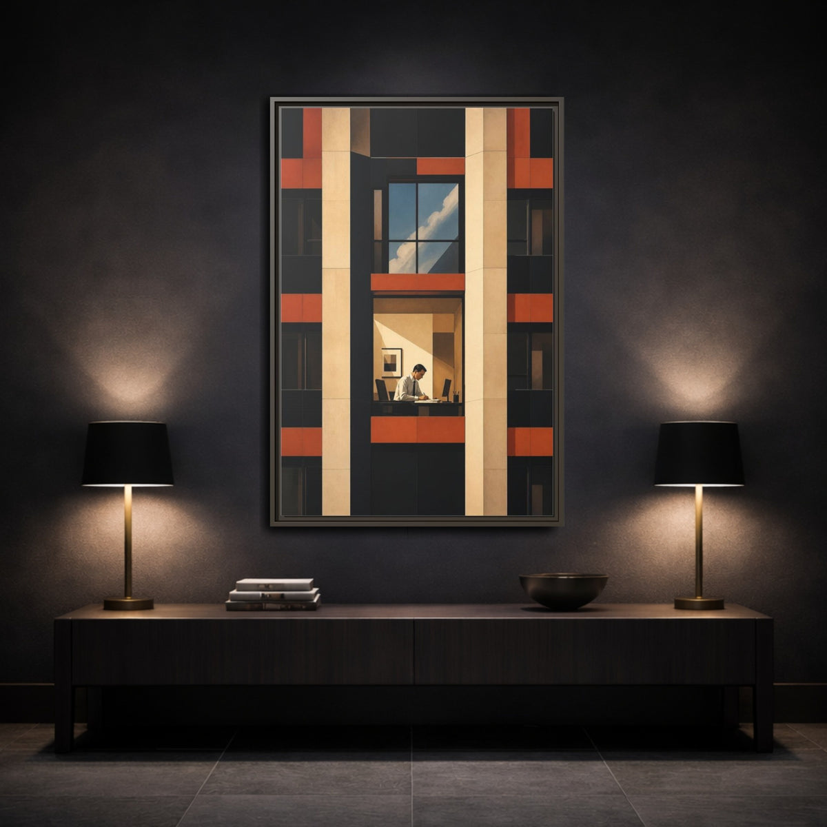 Mockup 3. Office Worker At Desk shown as framed canvas print