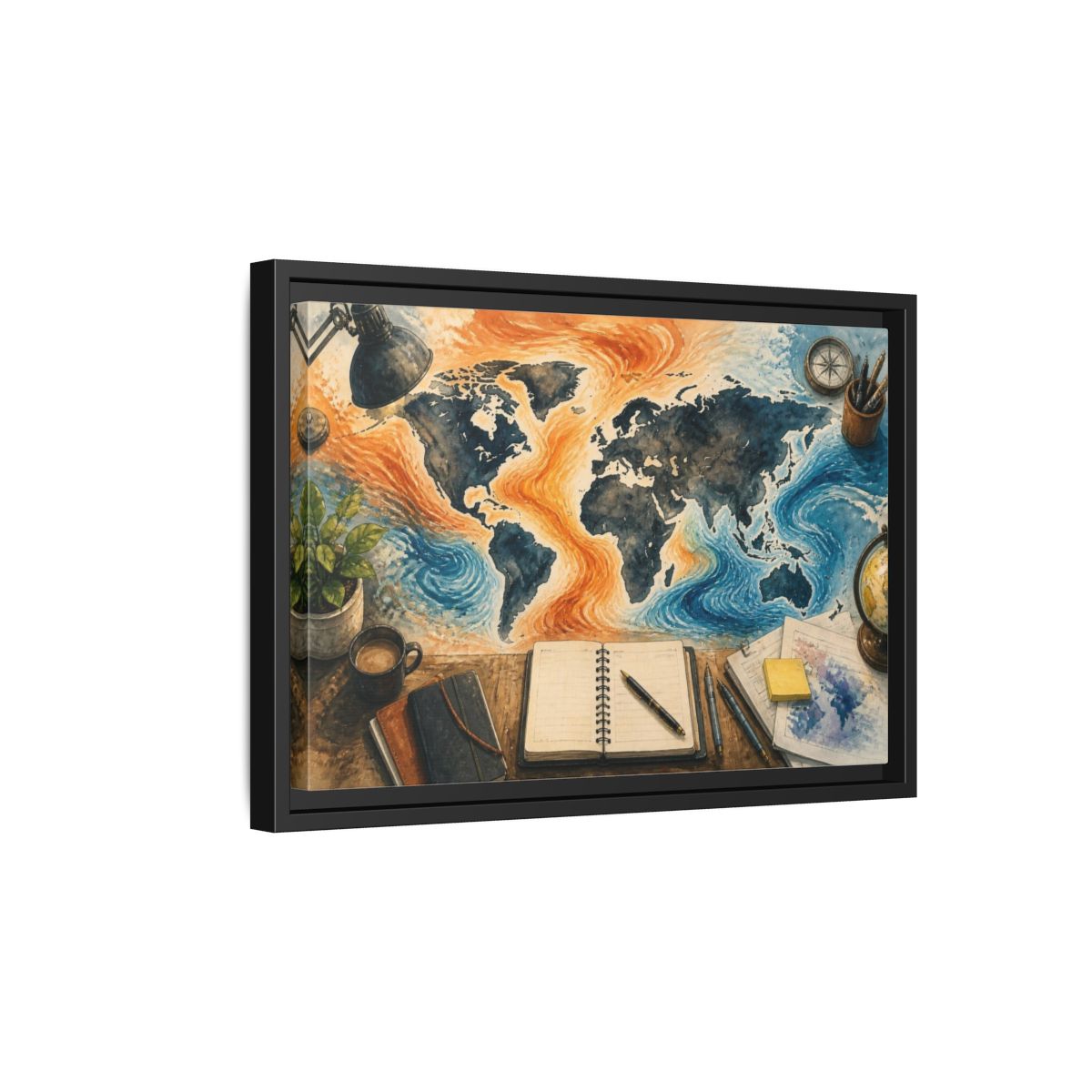 Side Mockup 6. Office World Map Desk shown as framed canvas print
