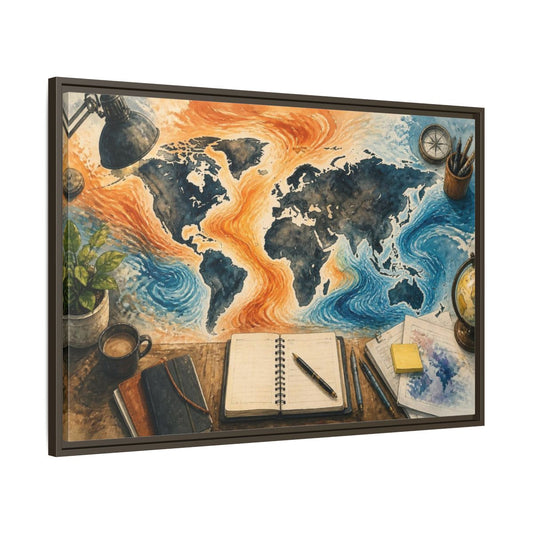 Main Mockup. Office World Map Desk shown as framed canvas print