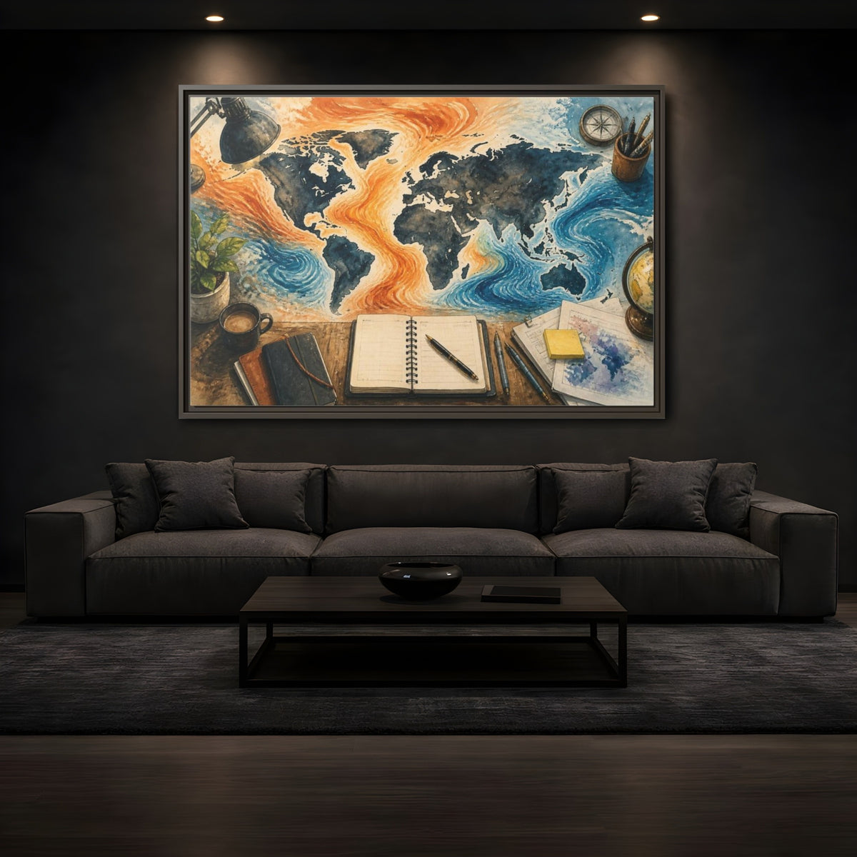 Mockup 3. Office World Map Desk shown as framed canvas print