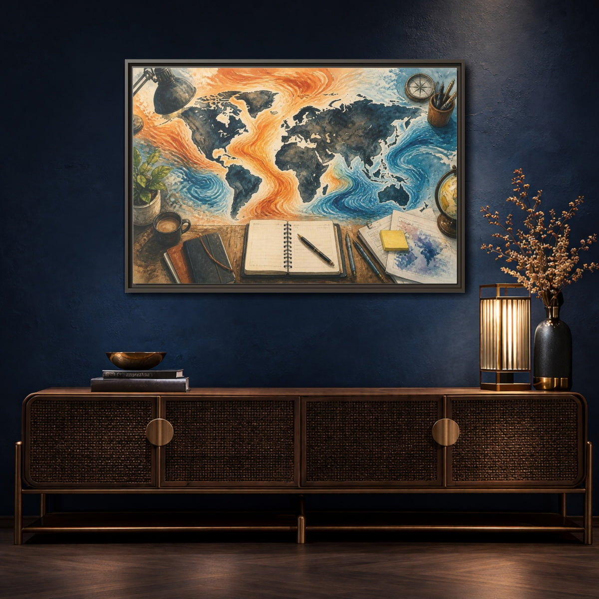 Mockup 4. Office World Map Desk shown as framed canvas print