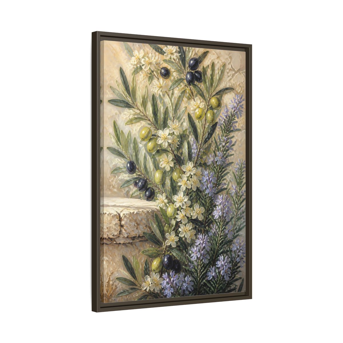 Side Mockup 11. Olive Floral Bouquet shown as framed canvas print