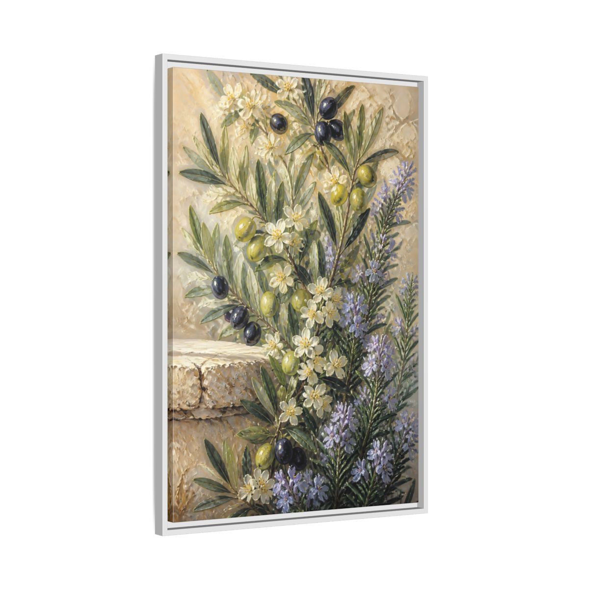 Side Mockup 9. Olive Floral Bouquet shown as framed canvas print