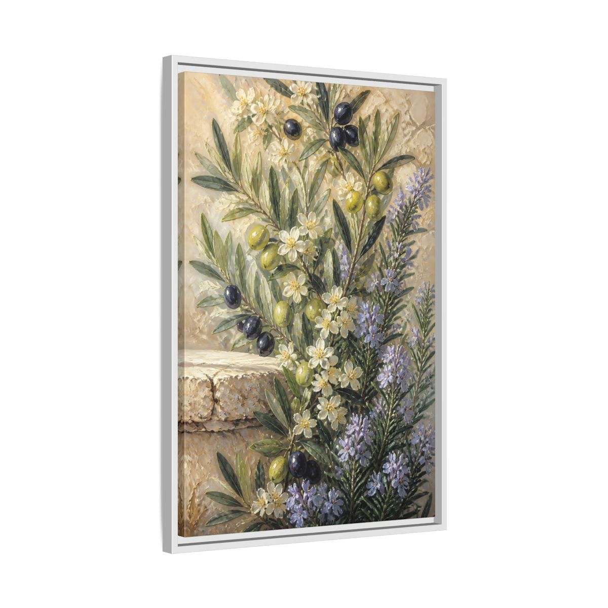 Side Mockup 10. Olive Floral Bouquet shown as framed canvas print