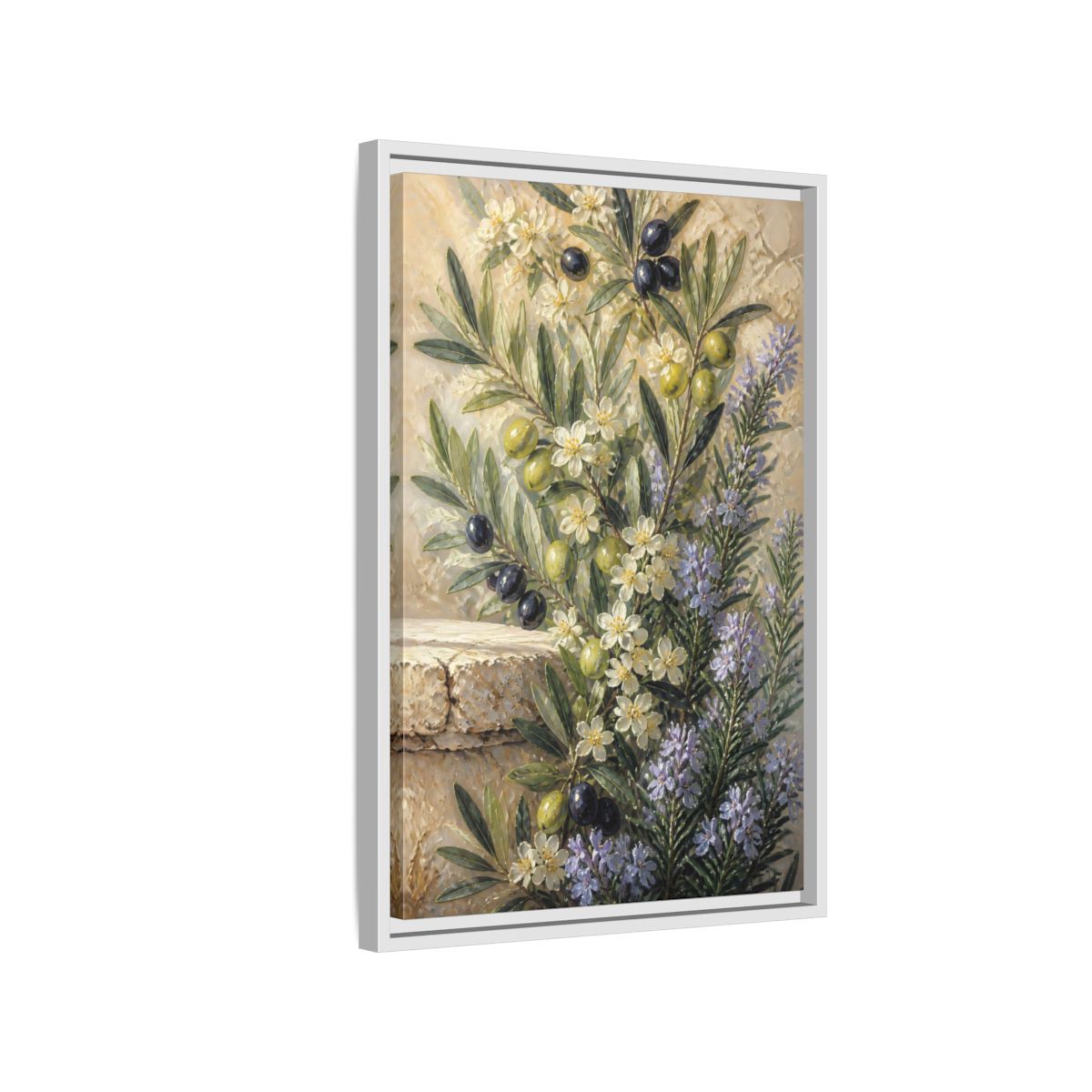 Side Mockup 1. Olive Floral Bouquet shown as framed canvas print