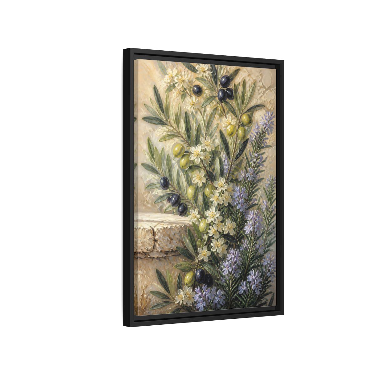 Side Mockup 3. Olive Floral Bouquet shown as framed canvas print