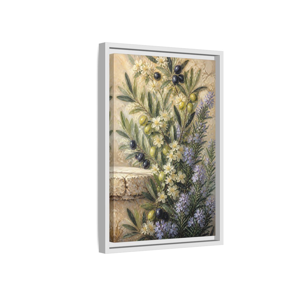 Side Mockup 4. Olive Floral Bouquet shown as framed canvas print