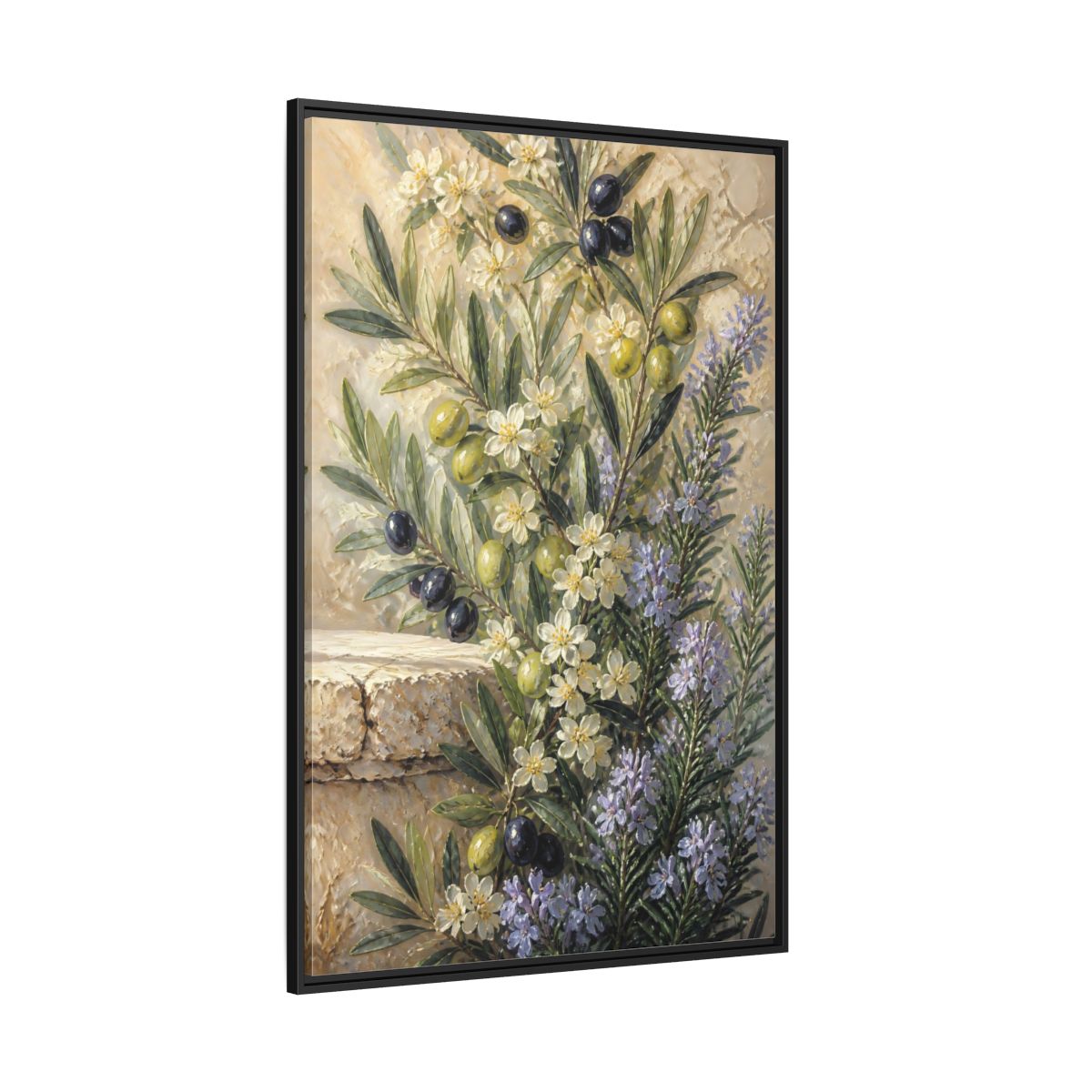 Side Mockup 12. Olive Floral Bouquet shown as framed canvas print