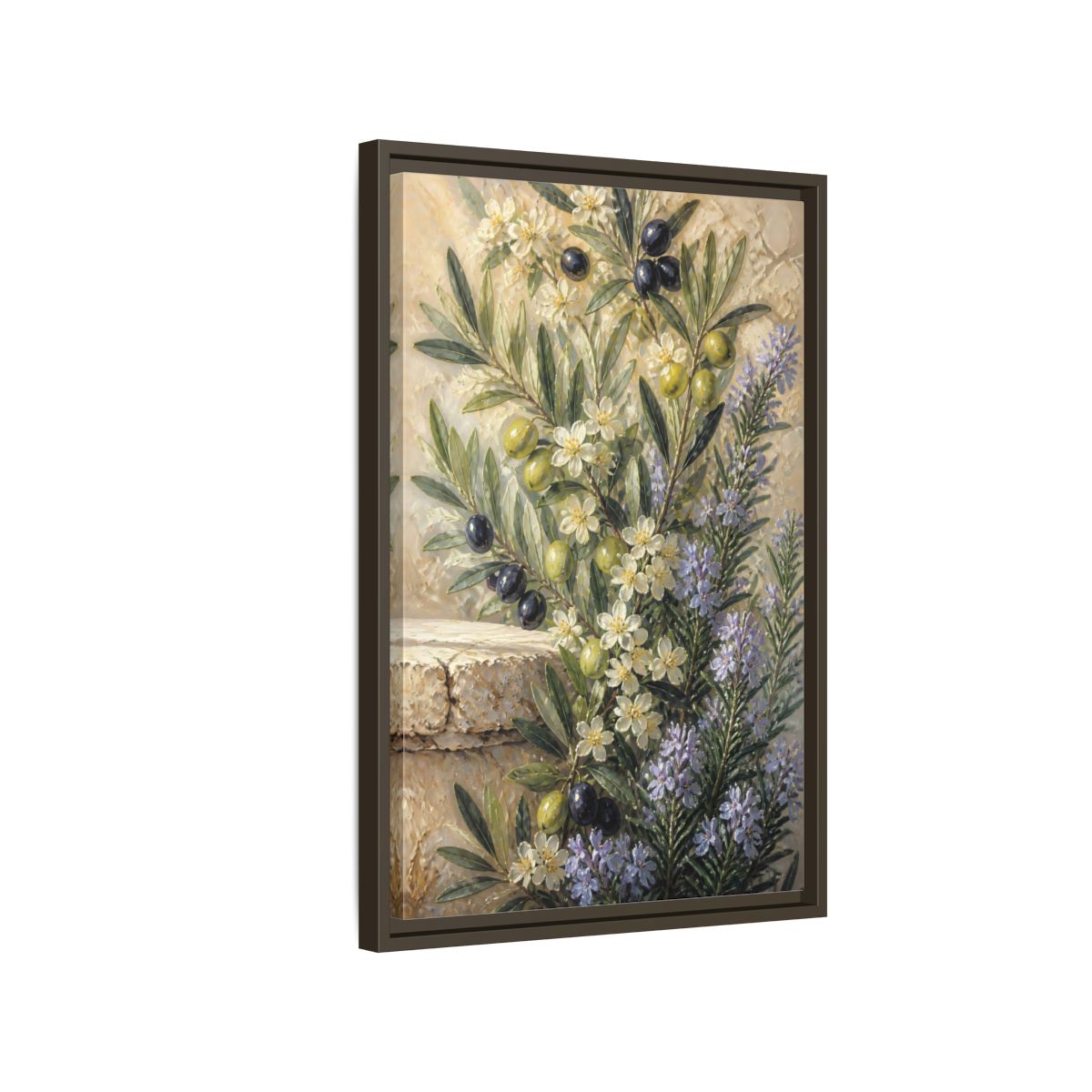 Side Mockup 2. Olive Floral Bouquet shown as framed canvas print
