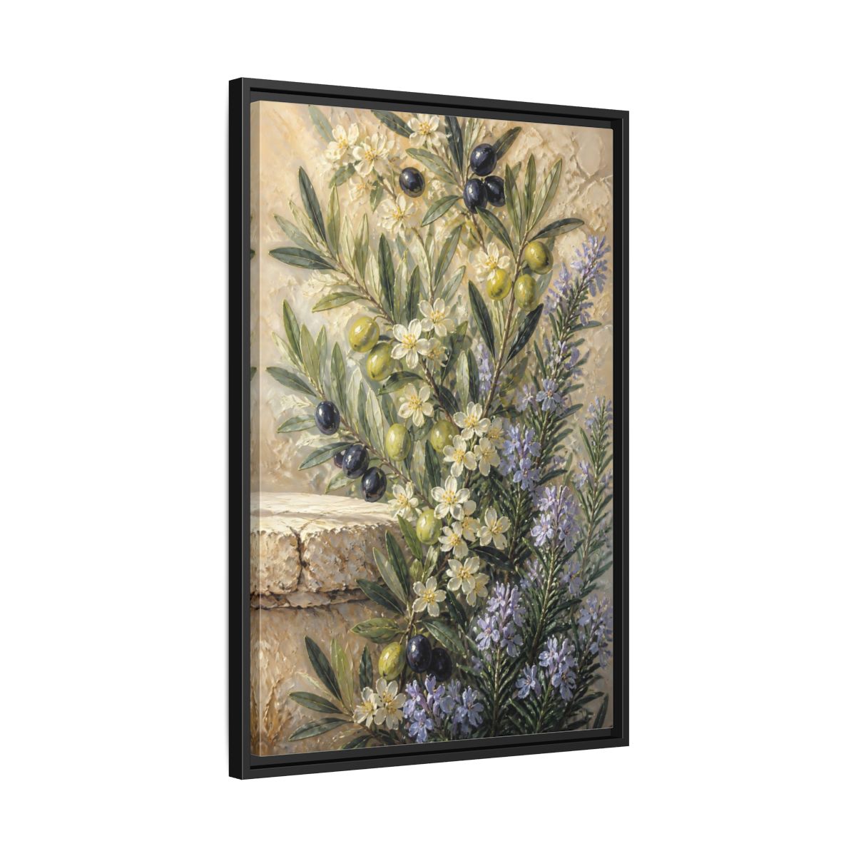 Side Mockup 14. Olive Floral Bouquet shown as framed canvas print