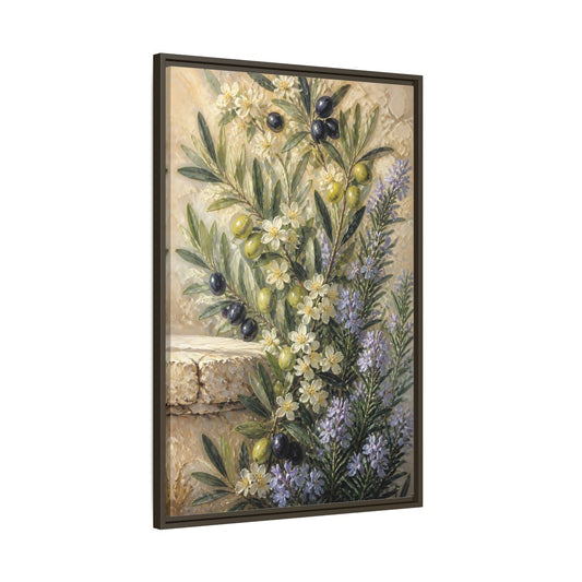 Main Mockup. Olive Floral Bouquet shown as framed canvas print