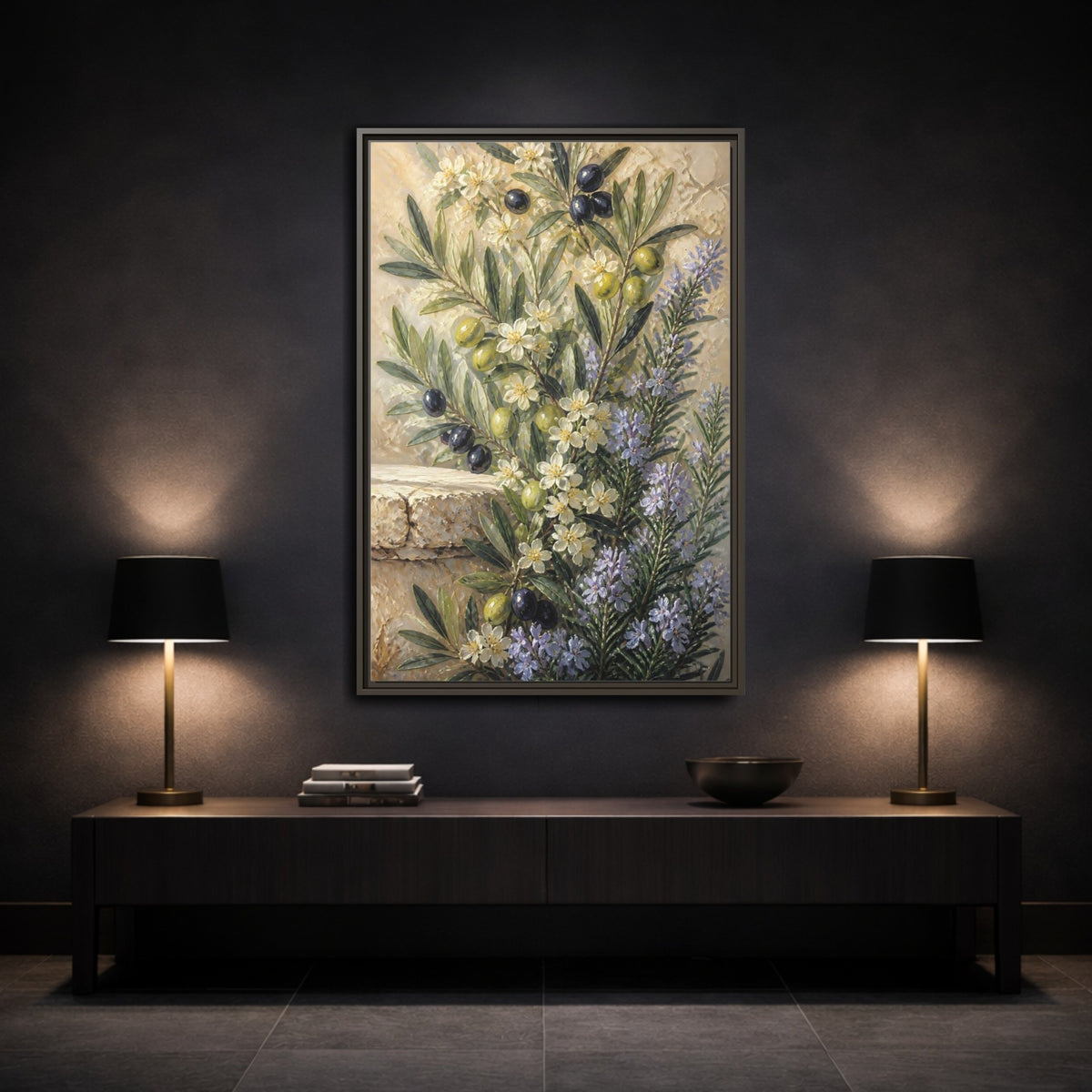 Mockup 3. Olive Floral Bouquet shown as framed canvas print
