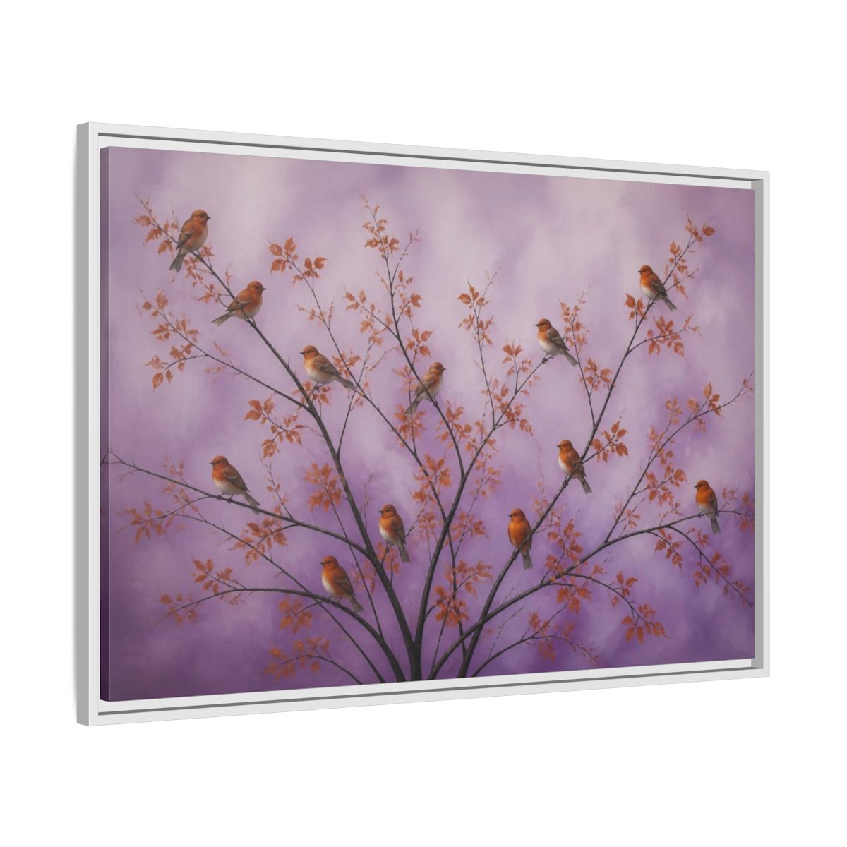 Side Mockup 9. Orange Birds On Lavender Branches shown as framed canvas print