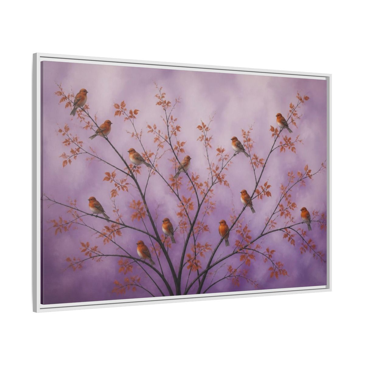 Side Mockup 7. Orange Birds On Lavender Branches shown as framed canvas print