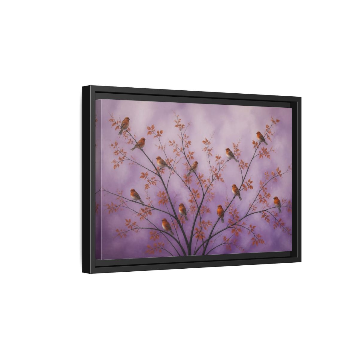 Side Mockup 6. Orange Birds On Lavender Branches shown as framed canvas print