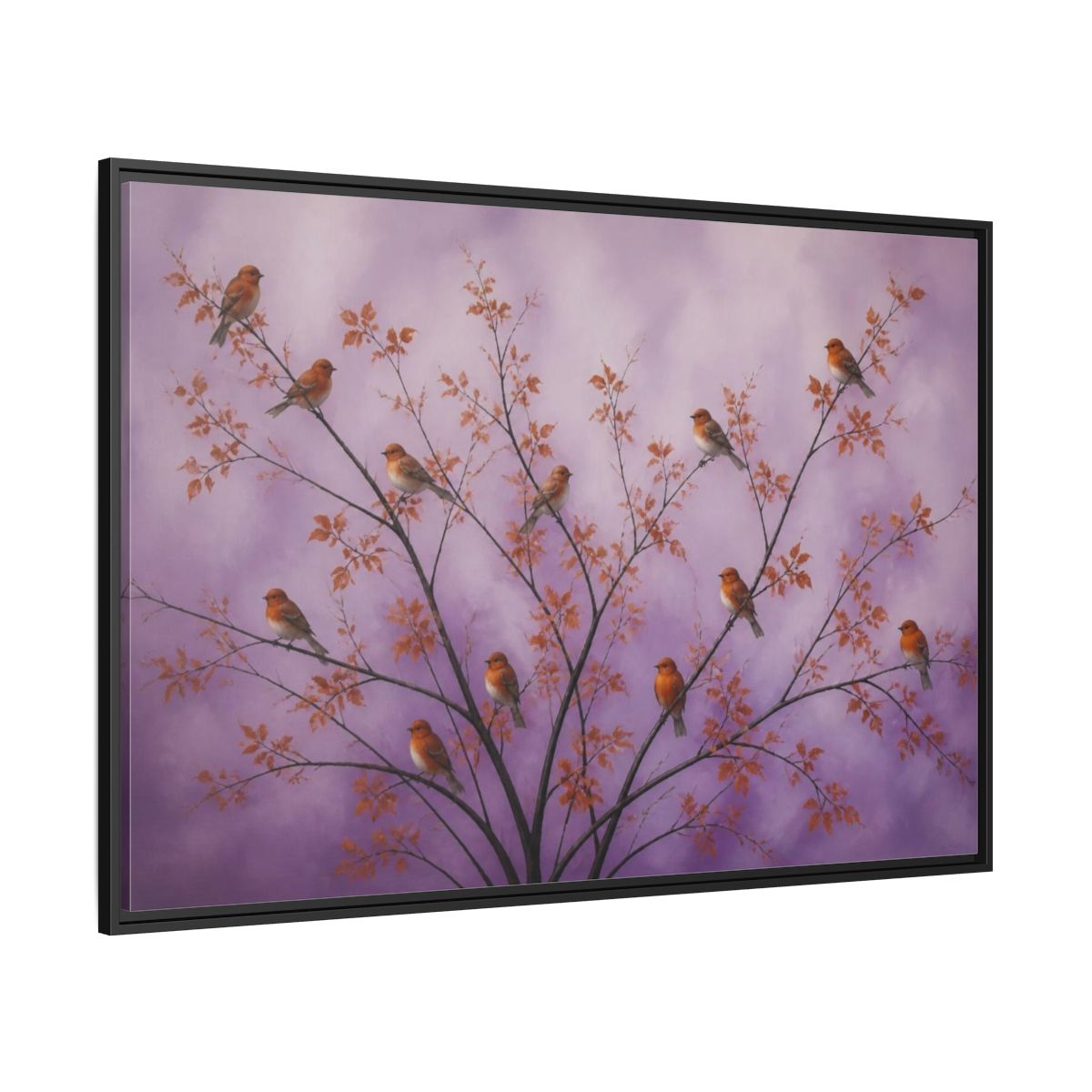 Side Mockup 12. Orange Birds On Lavender Branches shown as framed canvas print