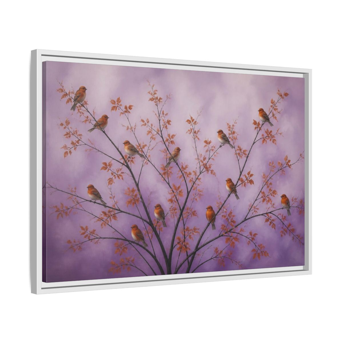 Side Mockup 10. Orange Birds On Lavender Branches shown as framed canvas print