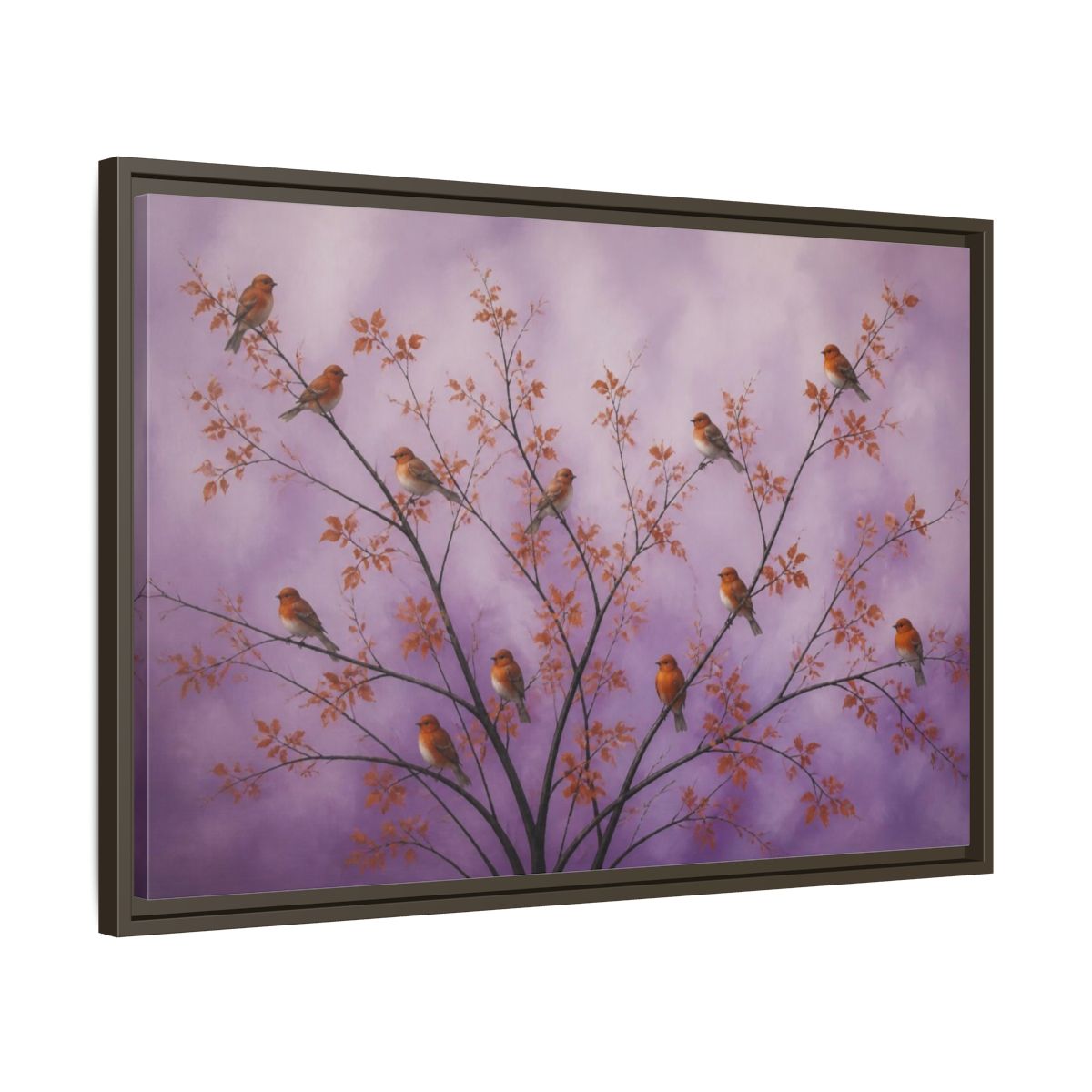 Side Mockup 11. Orange Birds On Lavender Branches shown as framed canvas print