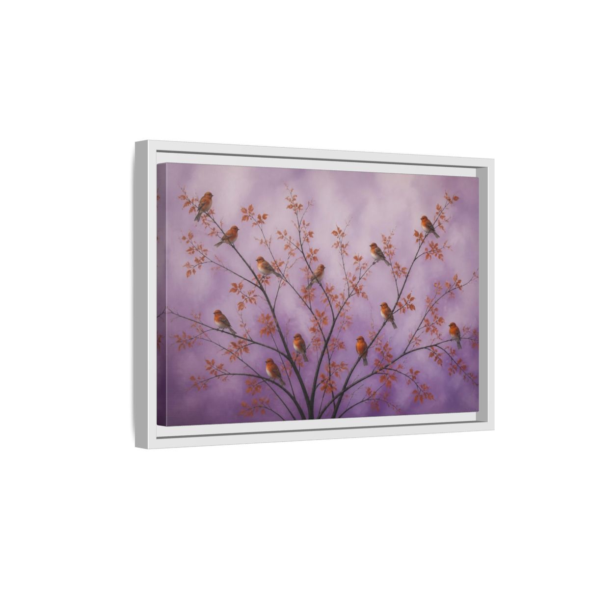 Side Mockup 4. Orange Birds On Lavender Branches shown as framed canvas print