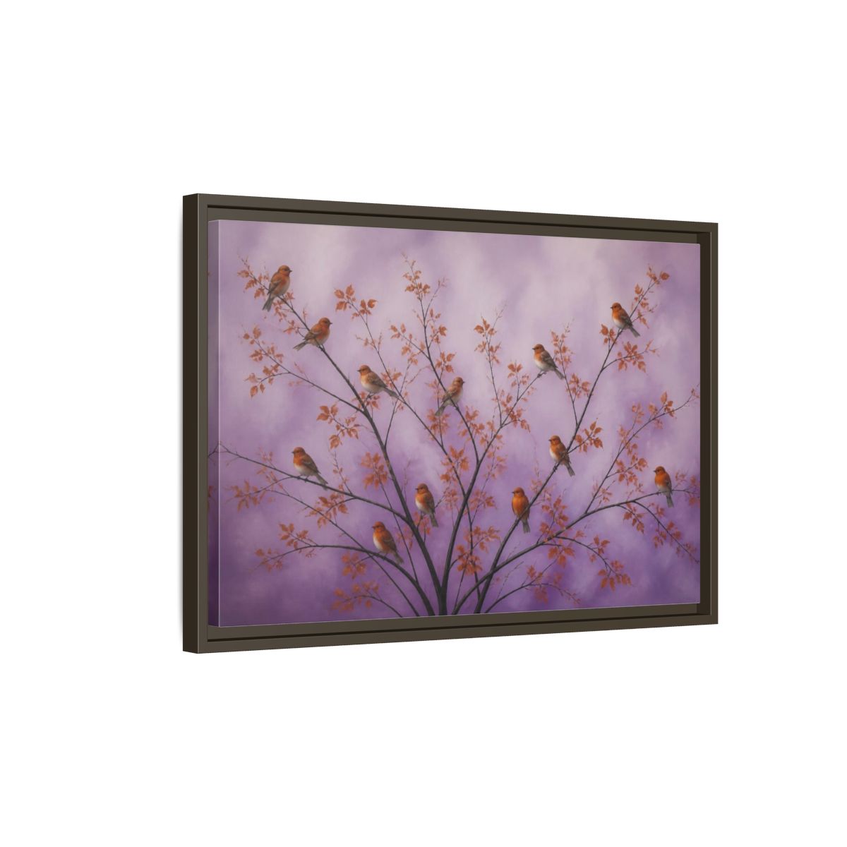 Side Mockup 2. Orange Birds On Lavender Branches shown as framed canvas print