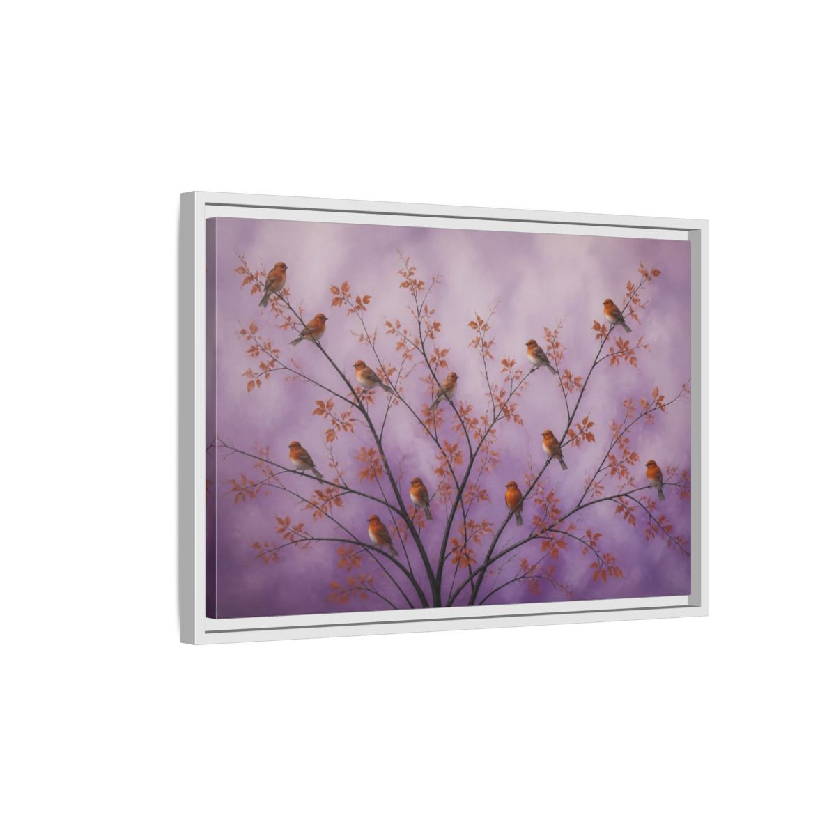 Side Mockup 1. Orange Birds On Lavender Branches shown as framed canvas print