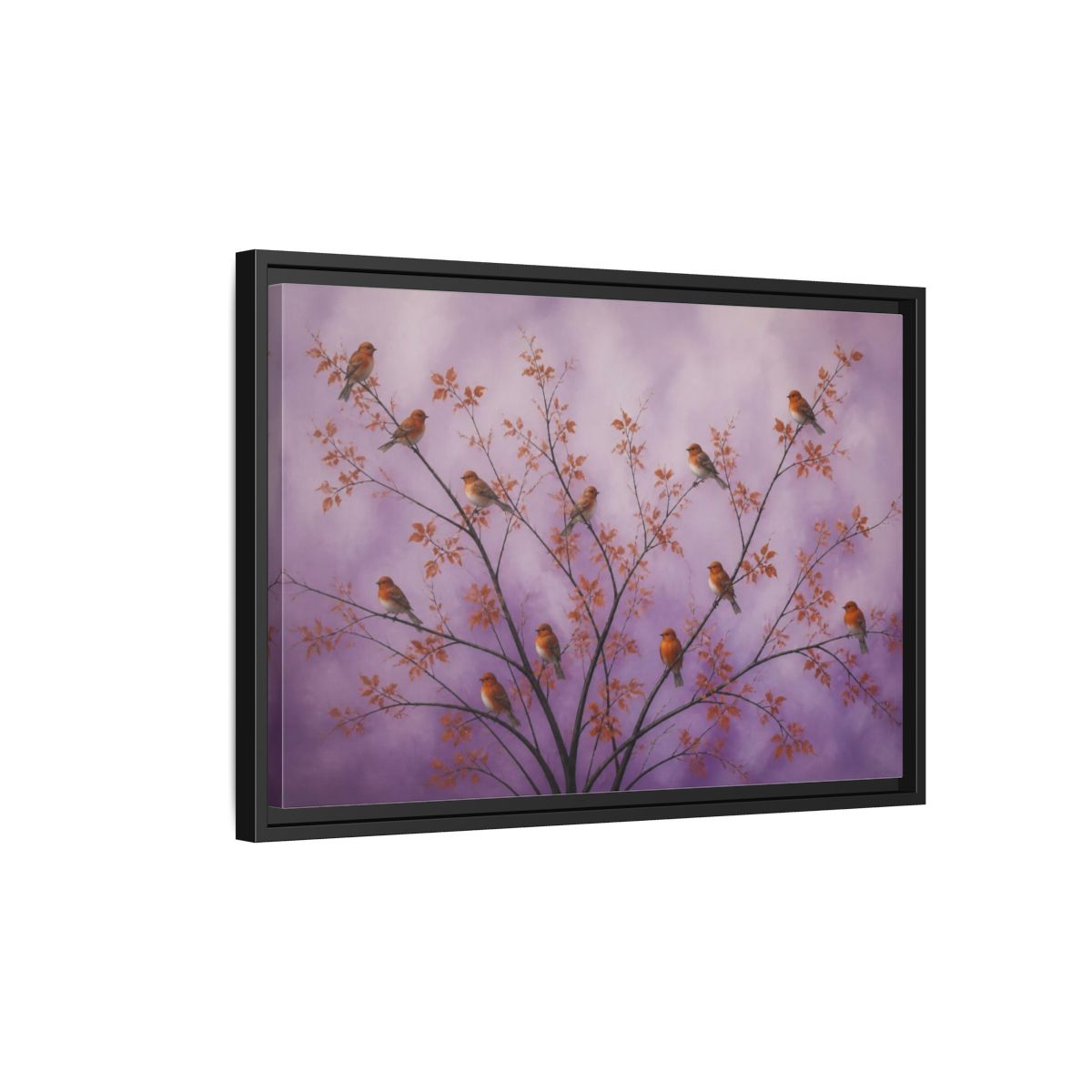 Side Mockup 3. Orange Birds On Lavender Branches shown as framed canvas print