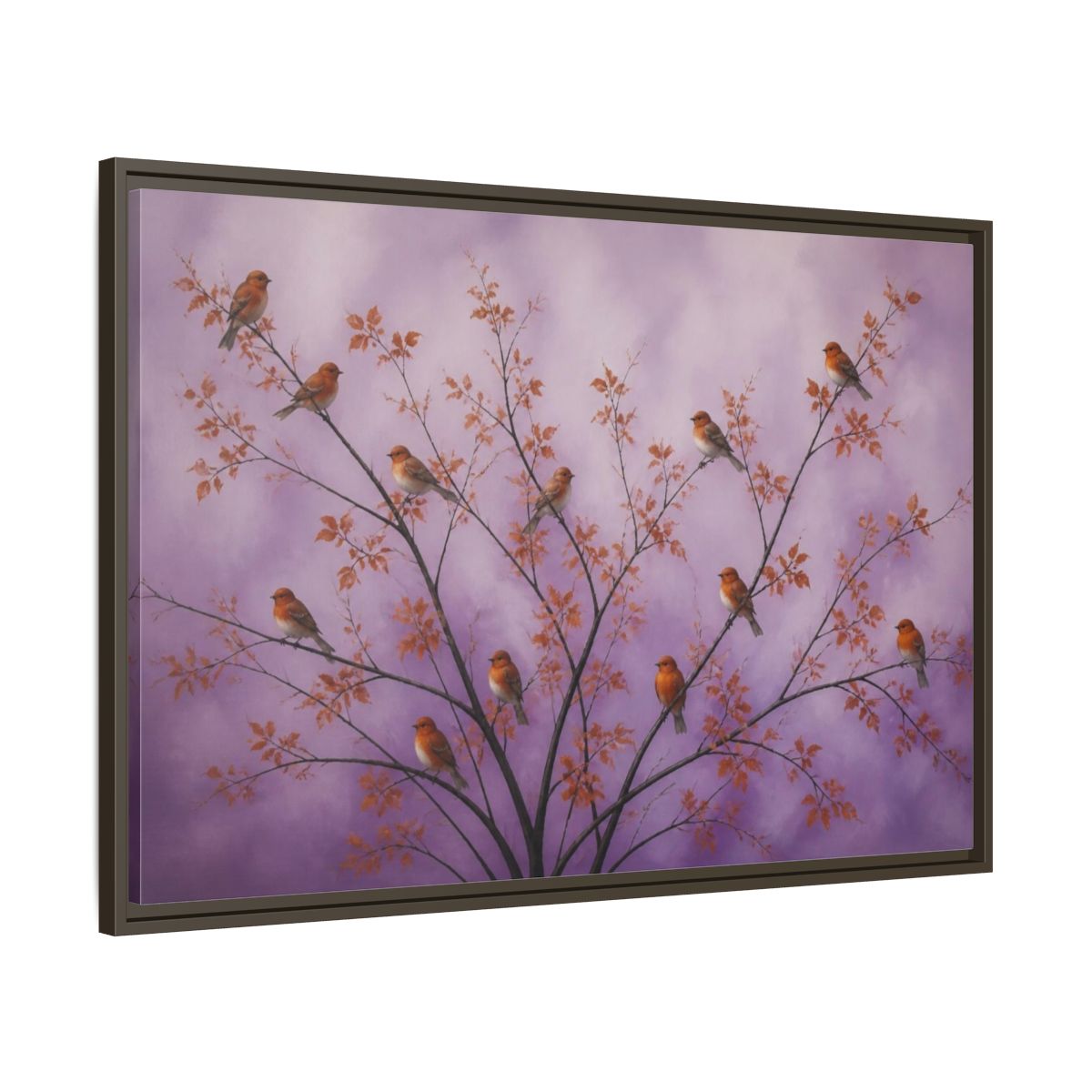 Main Mockup. Orange Birds On Lavender Branches shown as framed canvas print