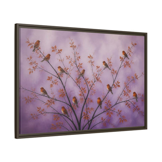 Main Mockup. Orange Birds On Lavender Branches shown as framed canvas print