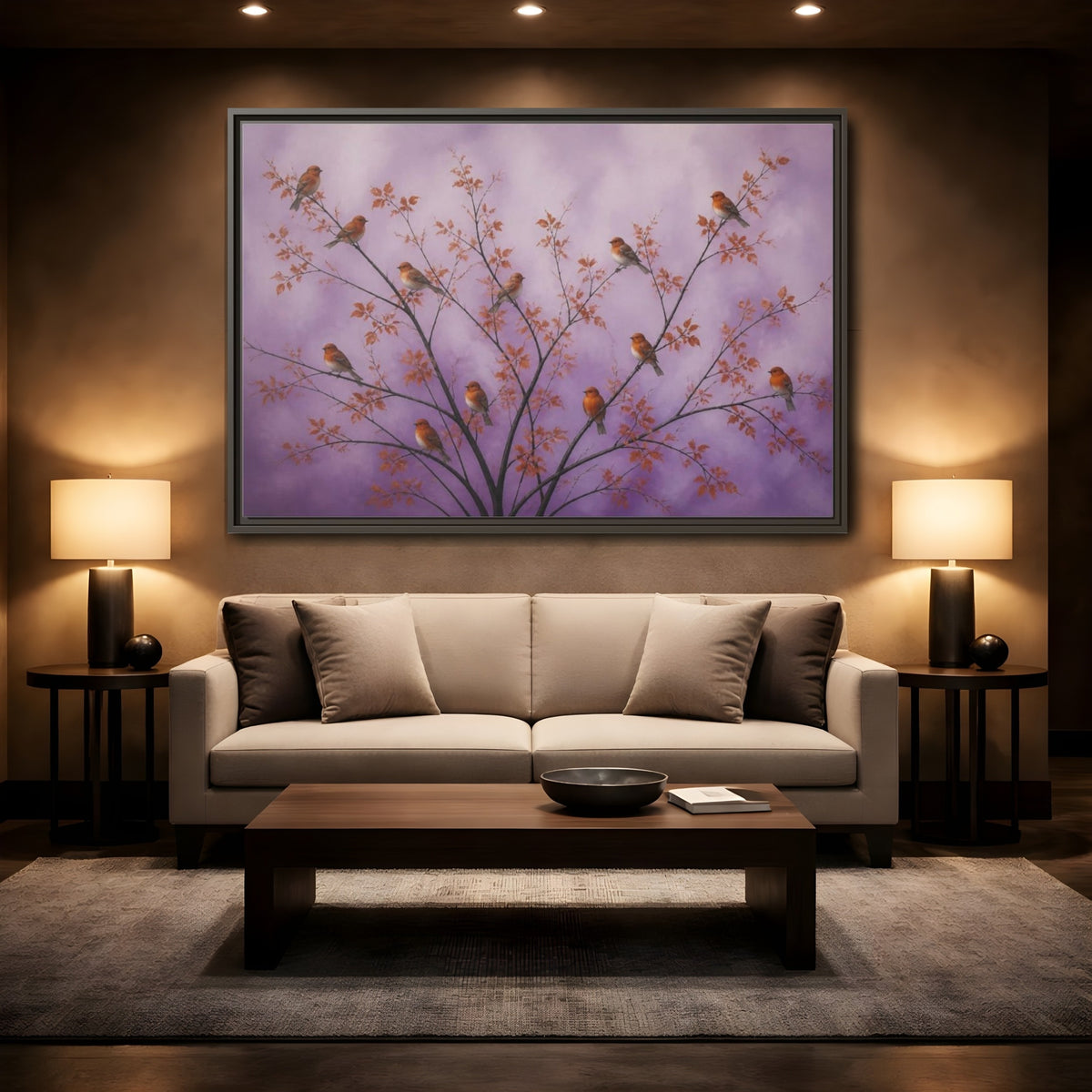 Mockup 2. Orange Birds On Lavender Branches shown as framed canvas print