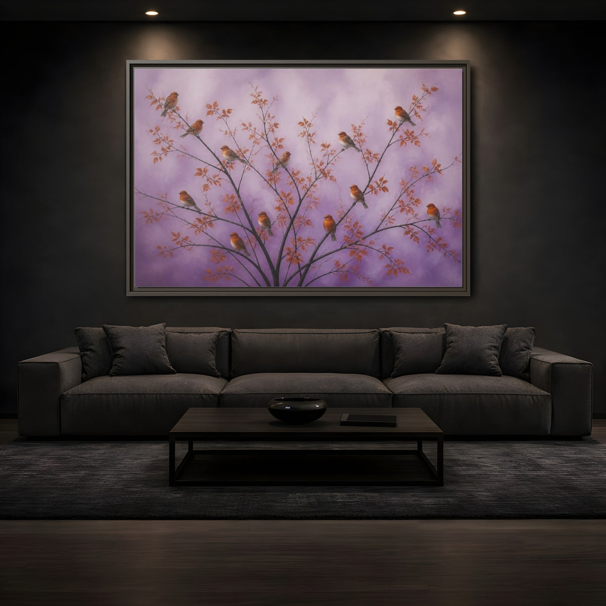 Mockup 3. Orange Birds On Lavender Branches shown as framed canvas print