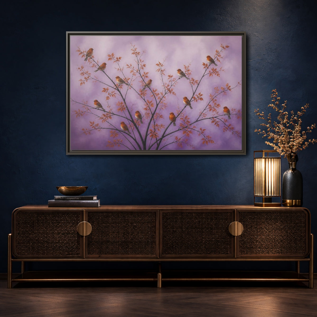 Mockup 4. Orange Birds On Lavender Branches shown as framed canvas print