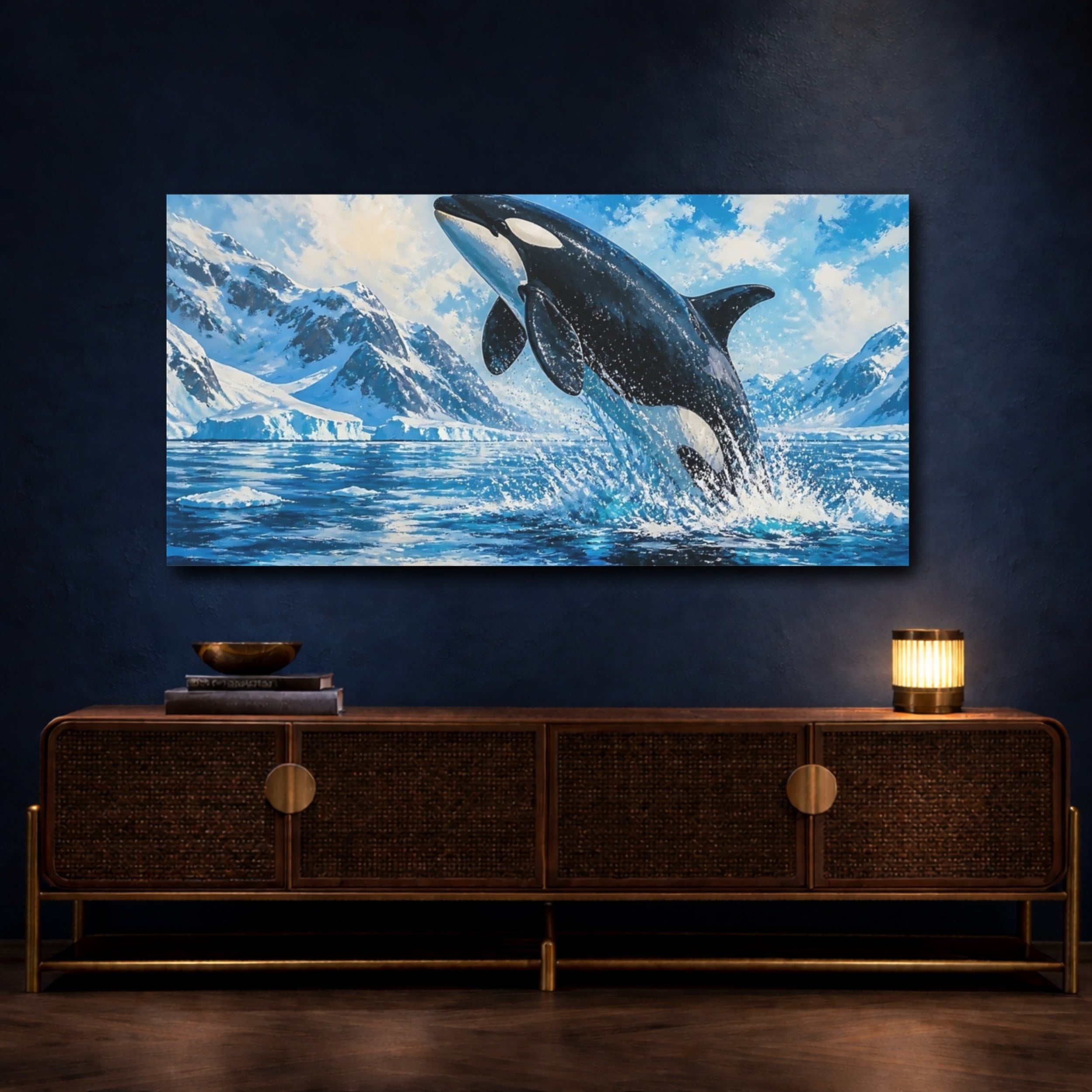 Mockup 4. Orca Breach Arctic Animals shown as canvas print