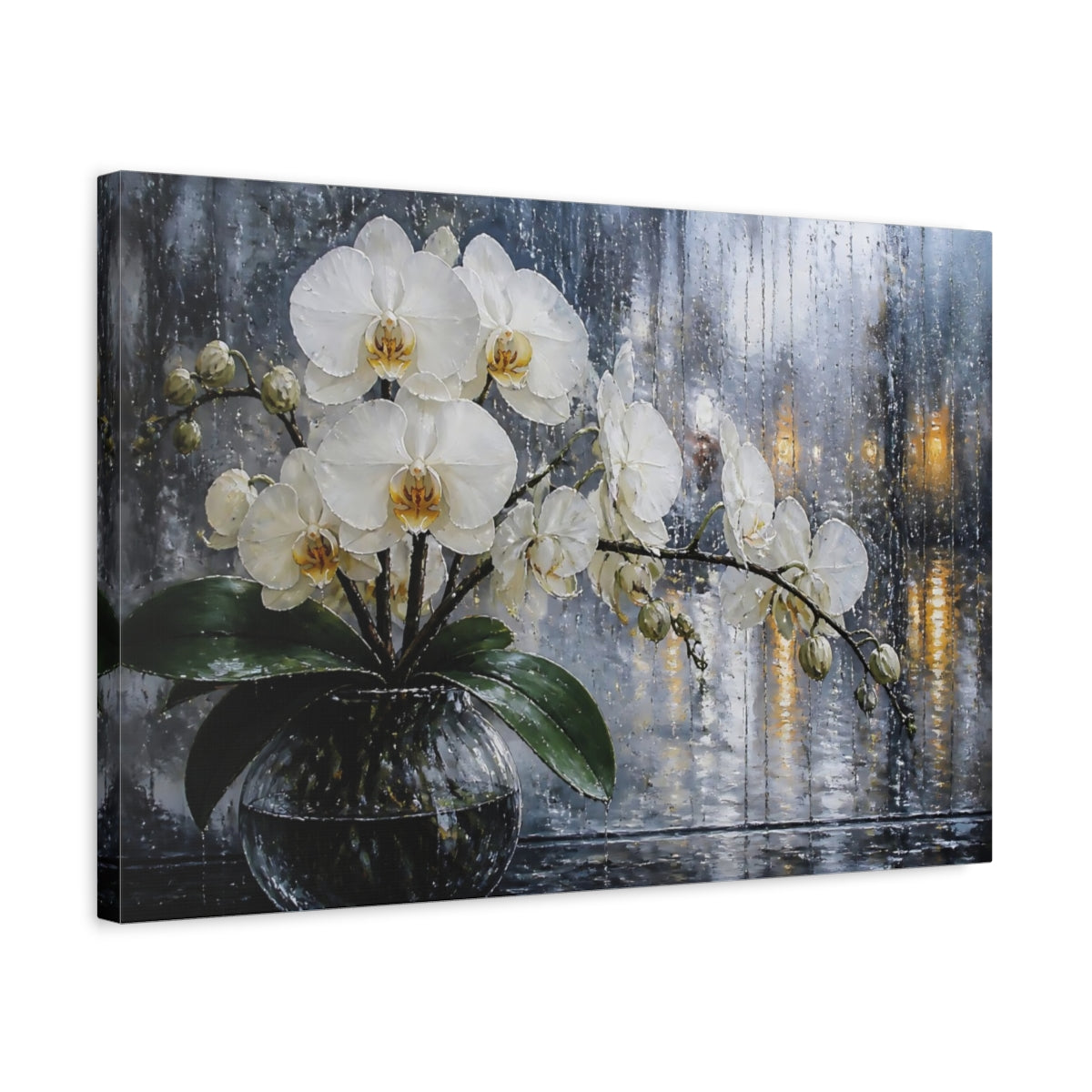 Side Mockup 3. Orchid Flowers In Rain shown as canvas print