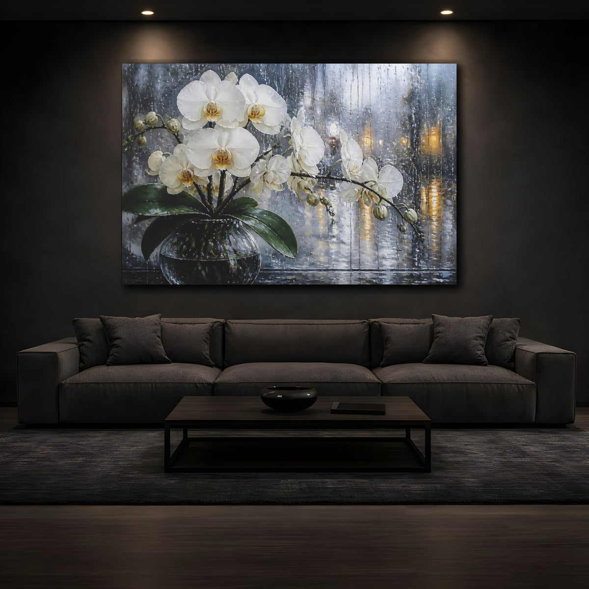 Mockup 3. Orchid Flowers In Rain shown as canvas print