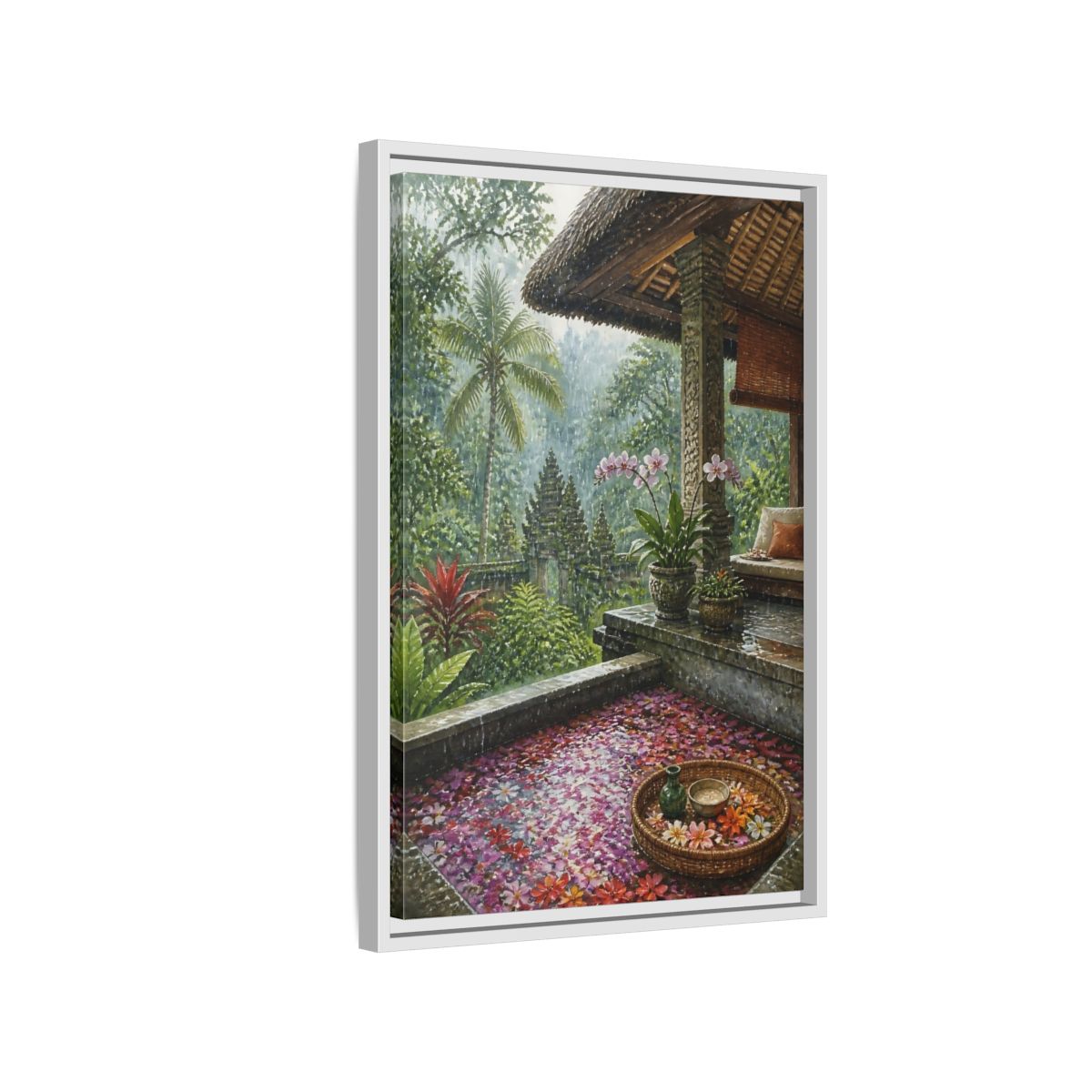 Side Mockup 1. Orchid Rain Terrace shown as framed canvas print