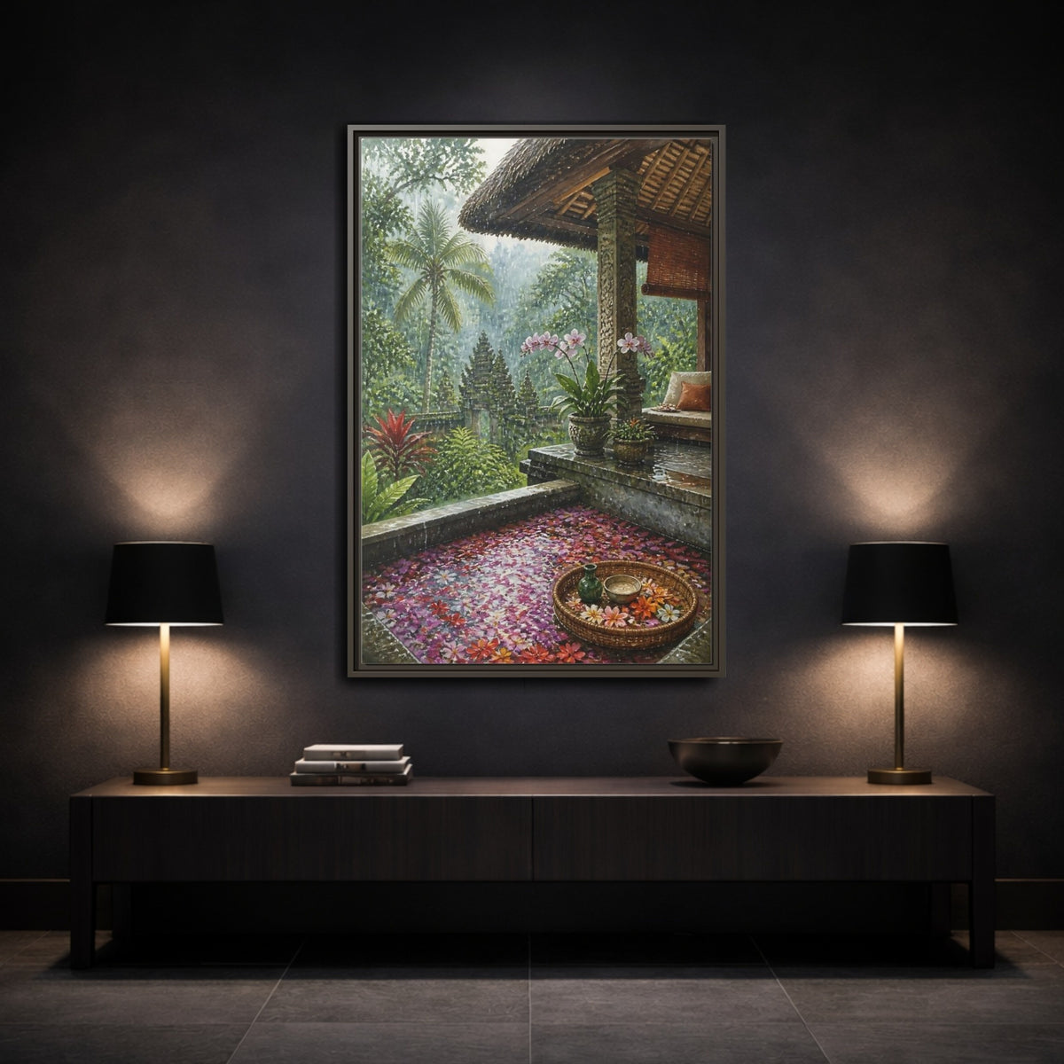 Mockup 3. Orchid Rain Terrace shown as framed canvas print
