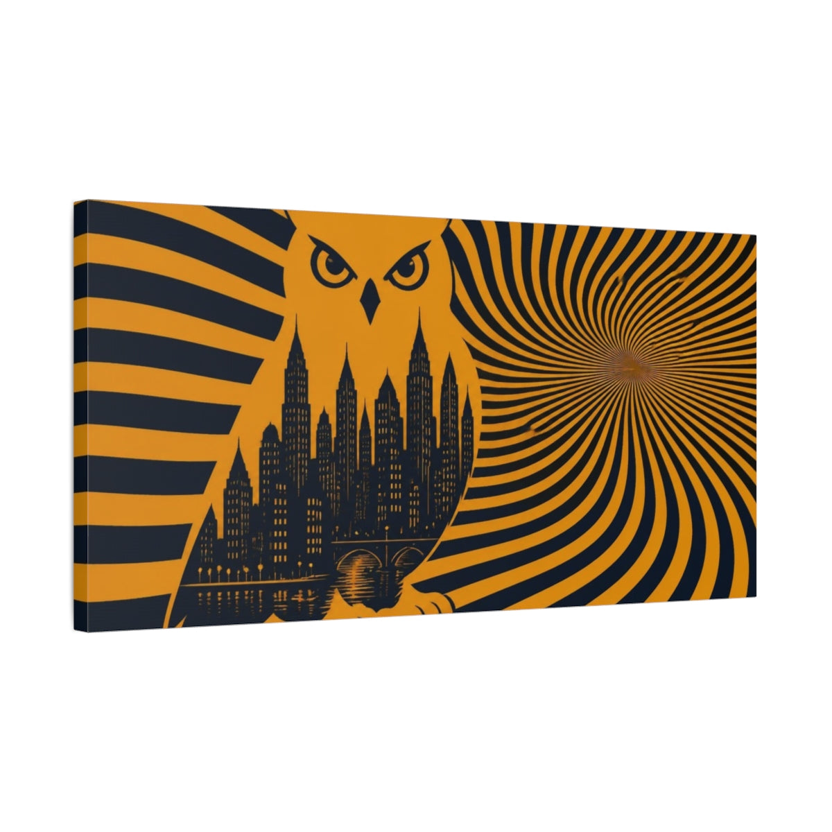 Side Mockup 1. Owl Illusion Skyline shown as canvas print