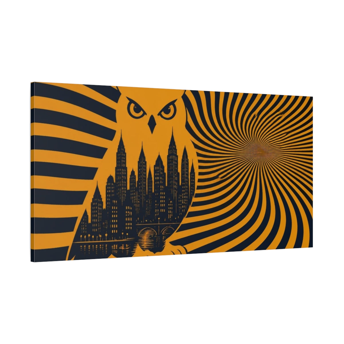 Side Mockup 2. Owl Illusion Skyline shown as canvas print