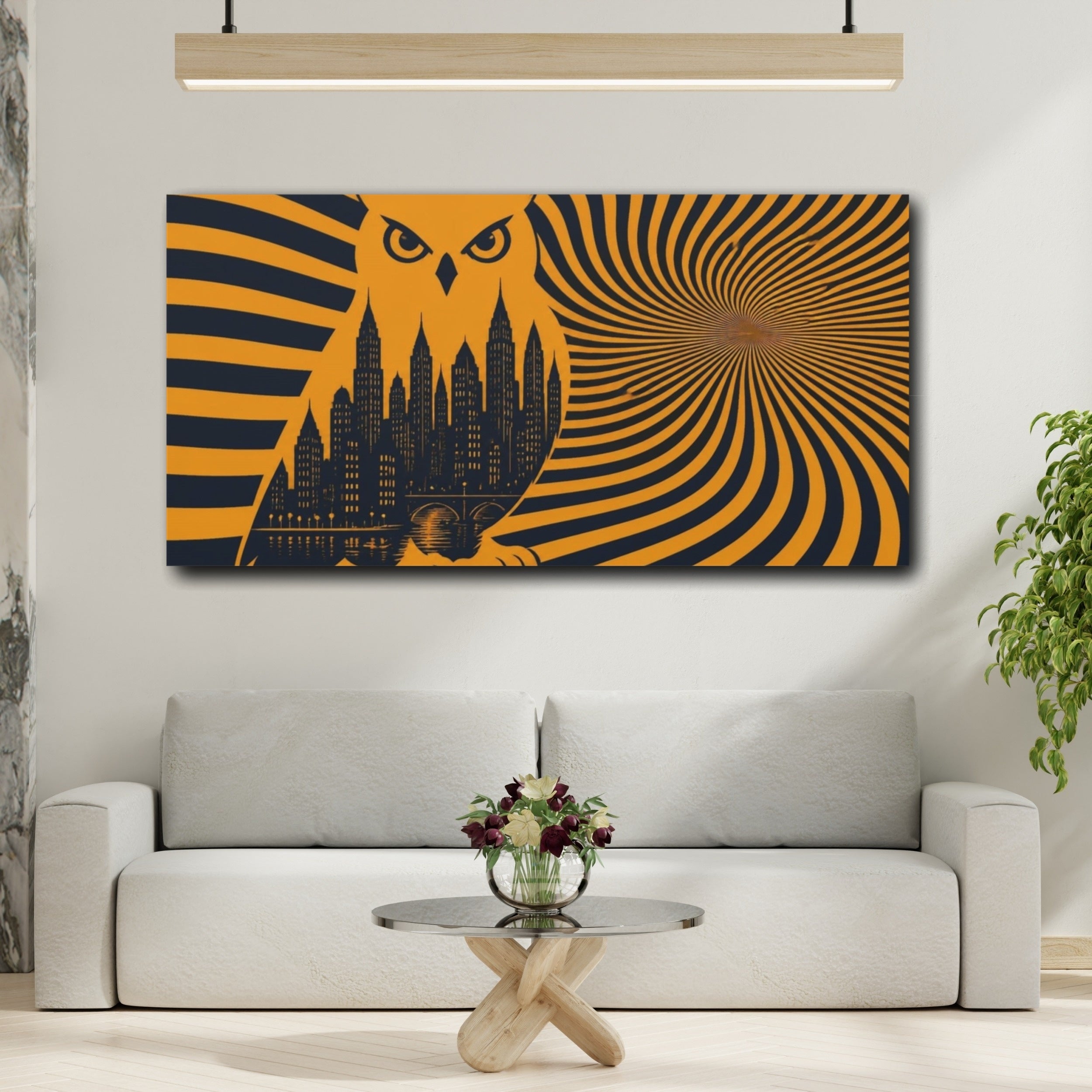 Mockup 2. Owl Illusion Skyline shown as canvas print