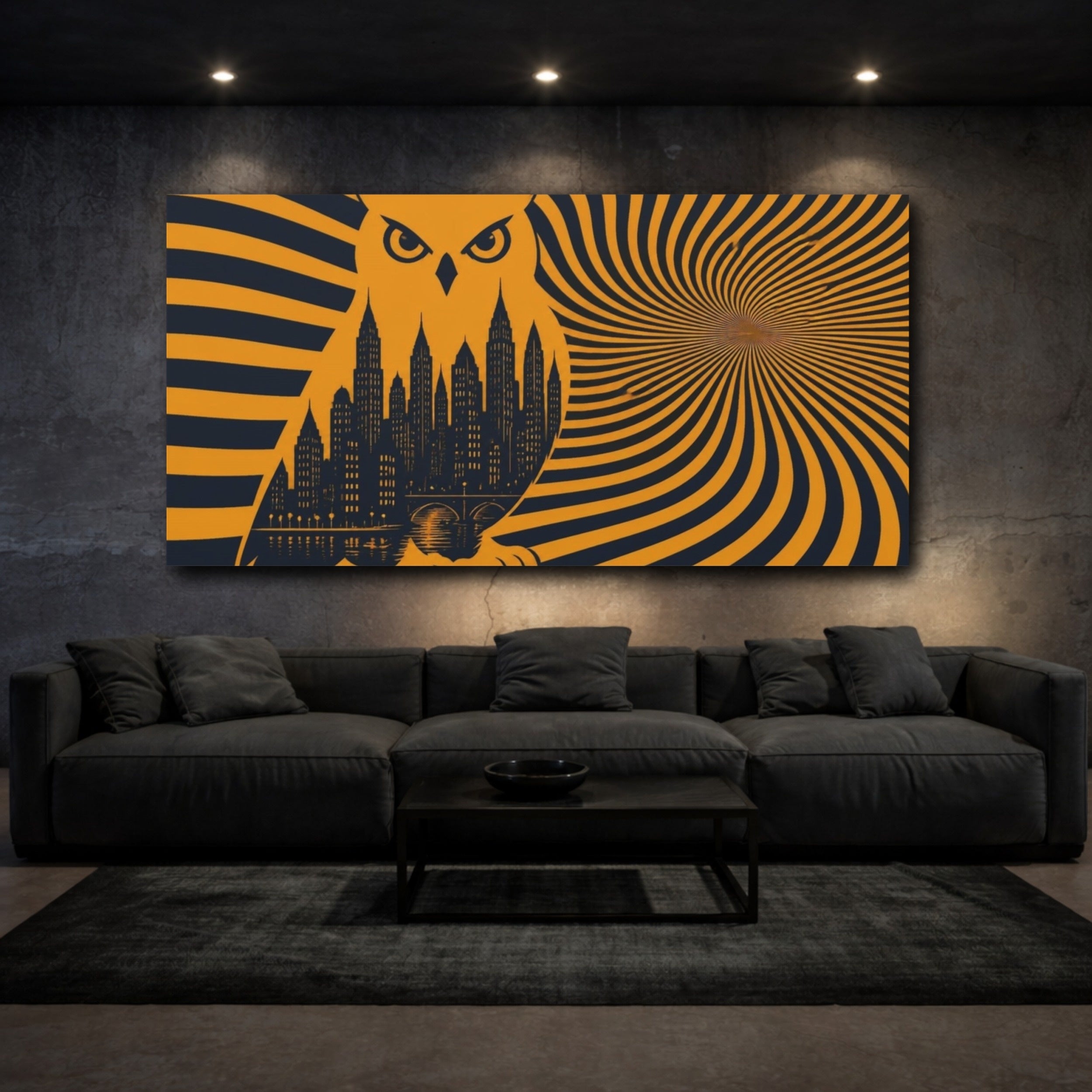 Mockup 3. Owl Illusion Skyline shown as canvas print