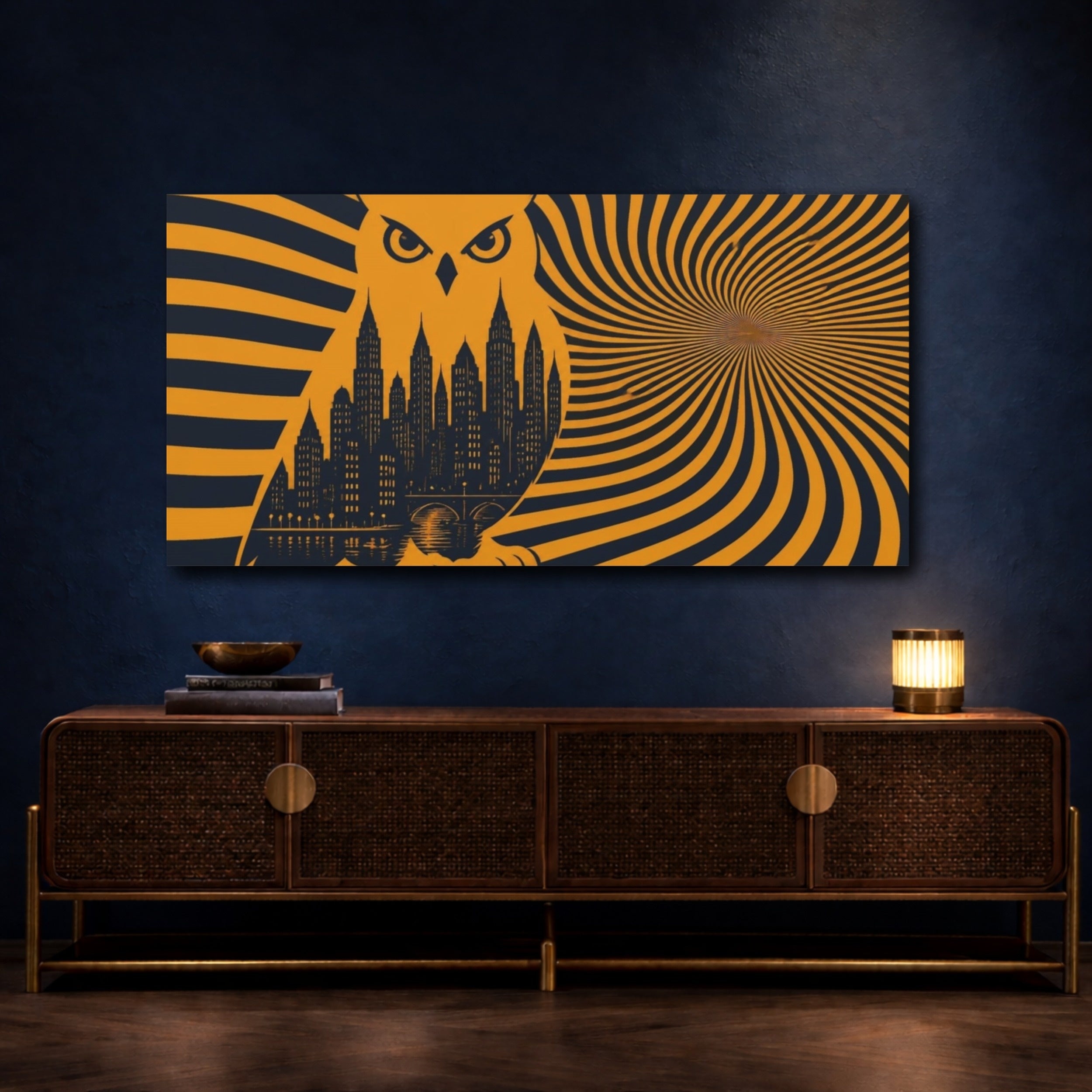 Mockup 4. Owl Illusion Skyline shown as canvas print