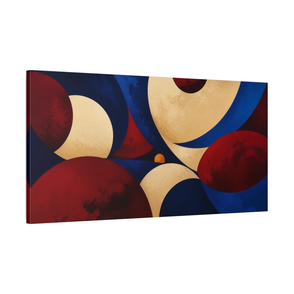 Main Mockup. Oxblood Planets In Cobalt Sky shown as canvas print