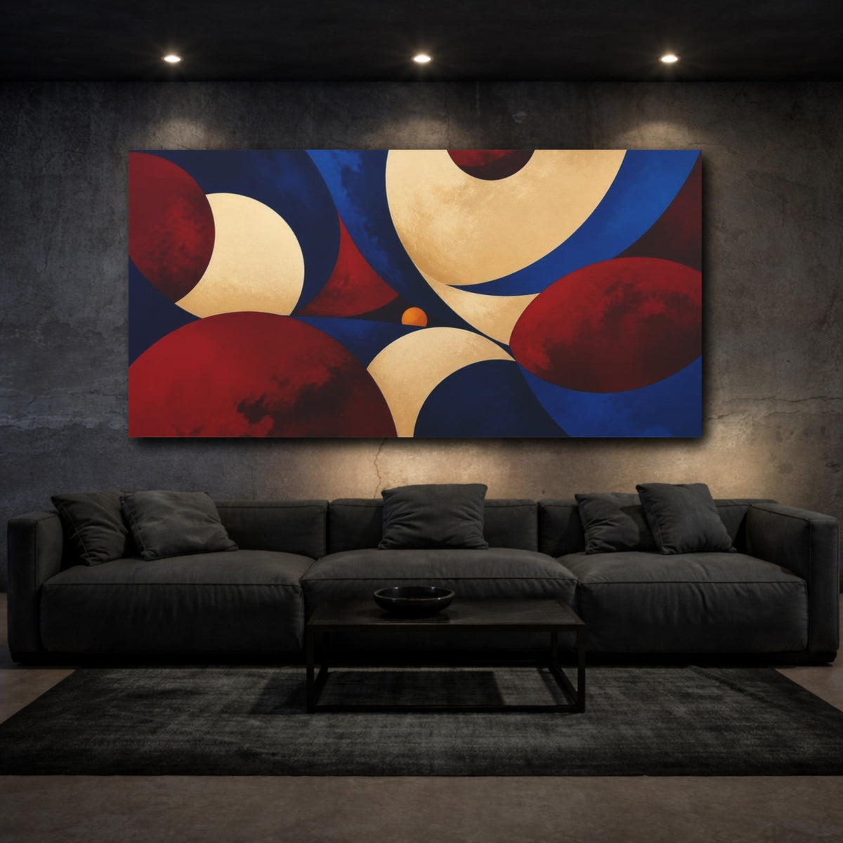 Mockup 3. Oxblood Planets In Cobalt Sky shown as canvas print