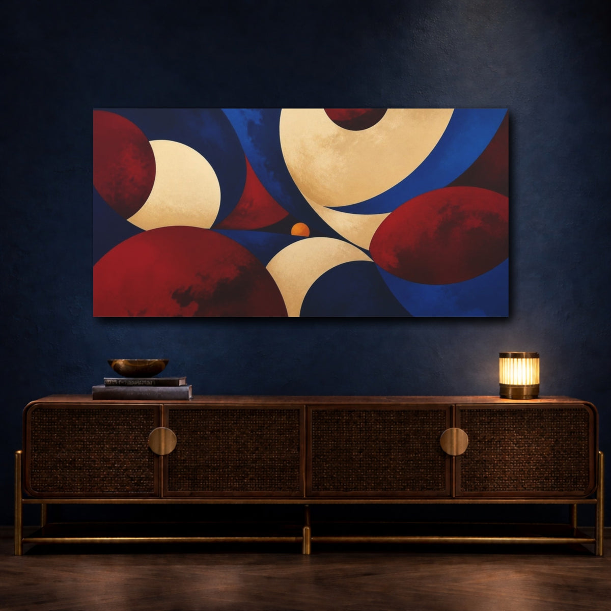 Mockup 4. Oxblood Planets In Cobalt Sky shown as canvas print
