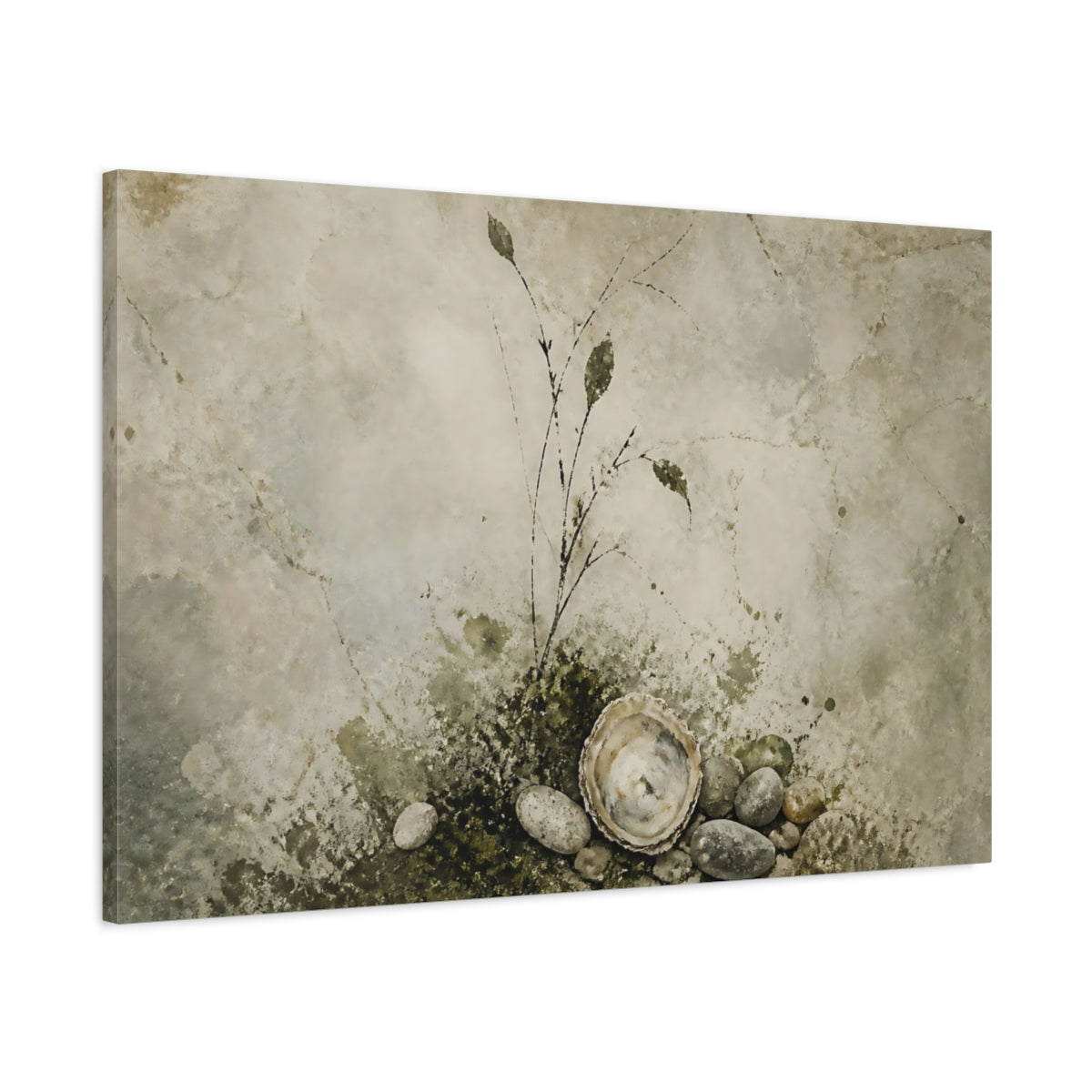 Main Mockup. Oyster Shell And Pebbles shown as canvas print