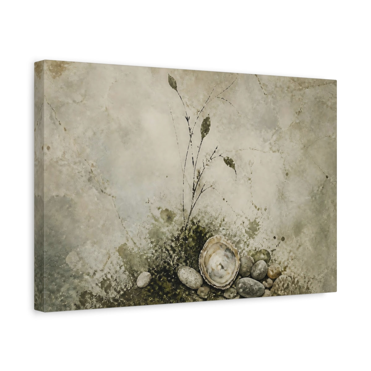 Side Mockup 4. Oyster Shell And Pebbles shown as canvas print