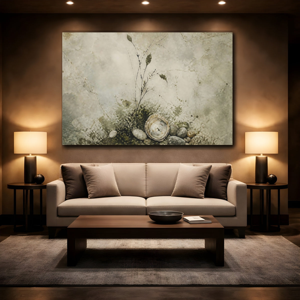 Mockup 2. Oyster Shell And Pebbles shown as canvas print